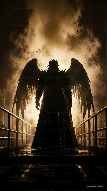 Dark figure with wings in smoke and light setting
