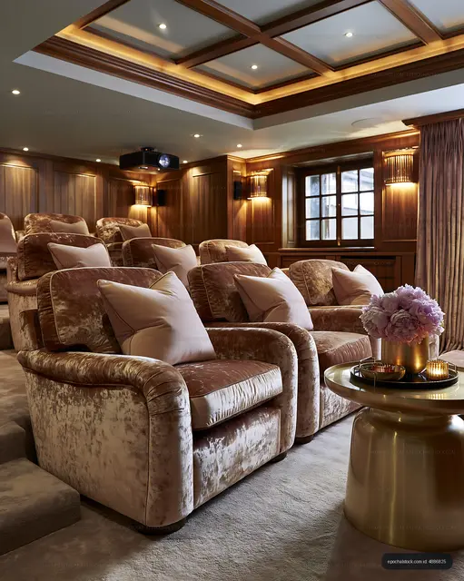 Home theater with plush seating and warm lighting