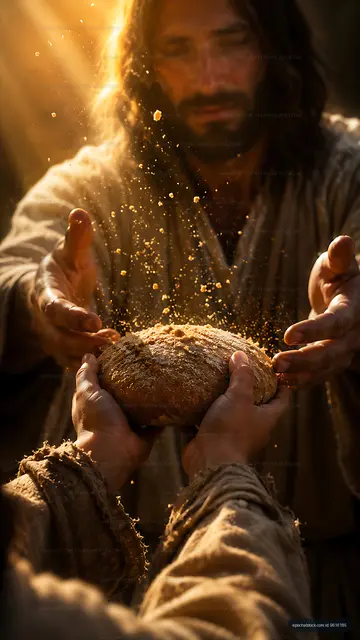 Man sharing bread with another person in warm light