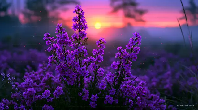 Sunset over purple flowers in a field