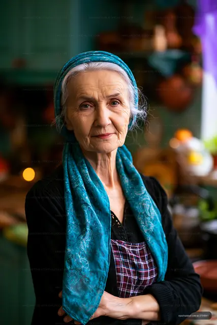Elderly woman in a kitchen with a blue scarf