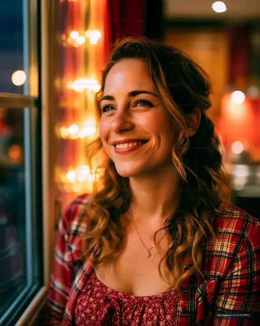 Woman smiling by the window in a cafe with warm lights