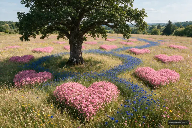 Heart-shaped flowers grow in a field under a tree