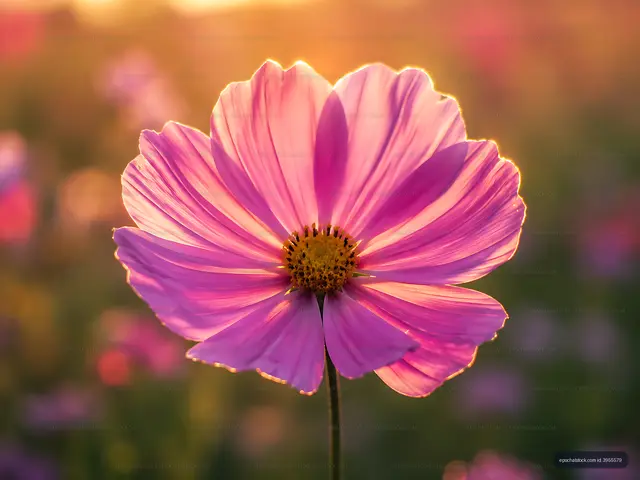 Bright pink flower in sunset light on a field