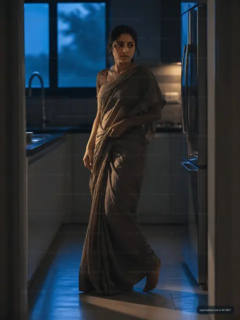 Woman in a sari walking through a modern kitchen at dusk