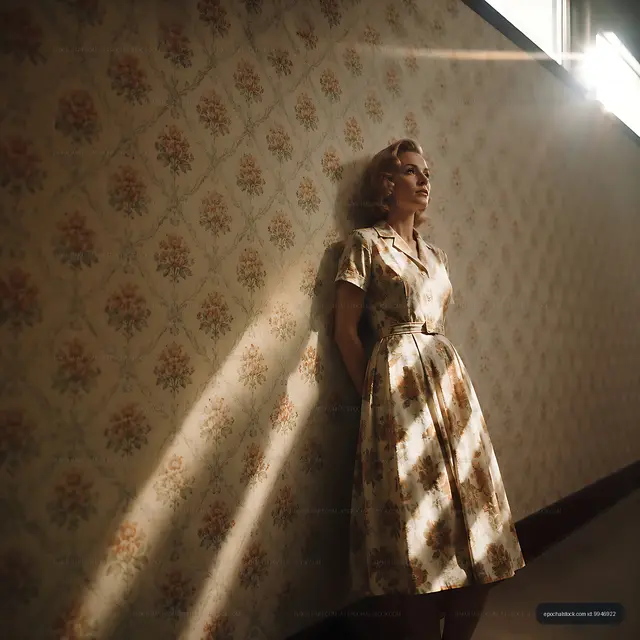 Woman in vintage dress standing beside wall with floral pattern
