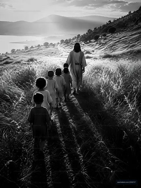 Children walking with a figure along a path in a rural area