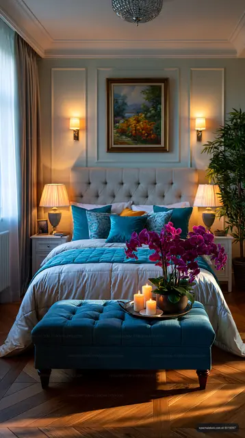 Cozy bedroom with elegant decor and warm lighting