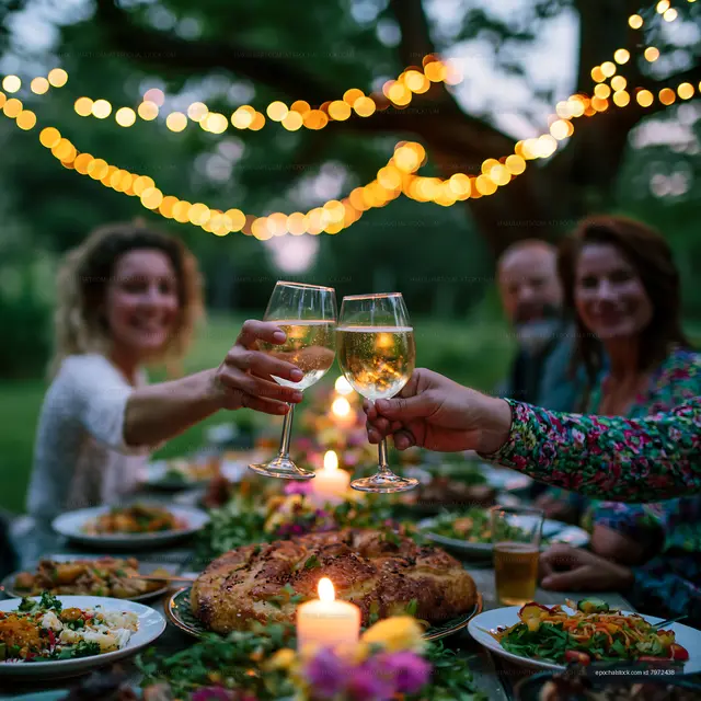 Celebration with friends outdoors at a dinner party in nature