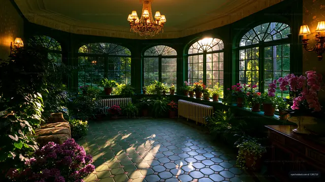Sunlight streams through windows in a plant-filled sunroom