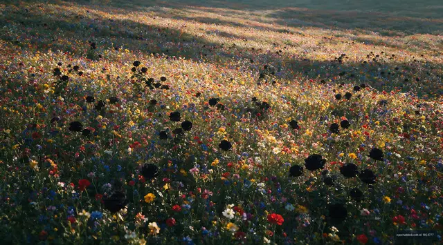 Colorful wildflower field with black flowers during daylight