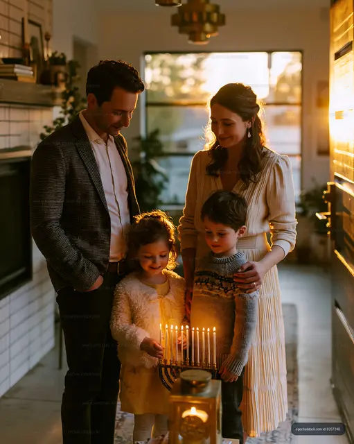 Family celebrating a festival by lighting candles at home
