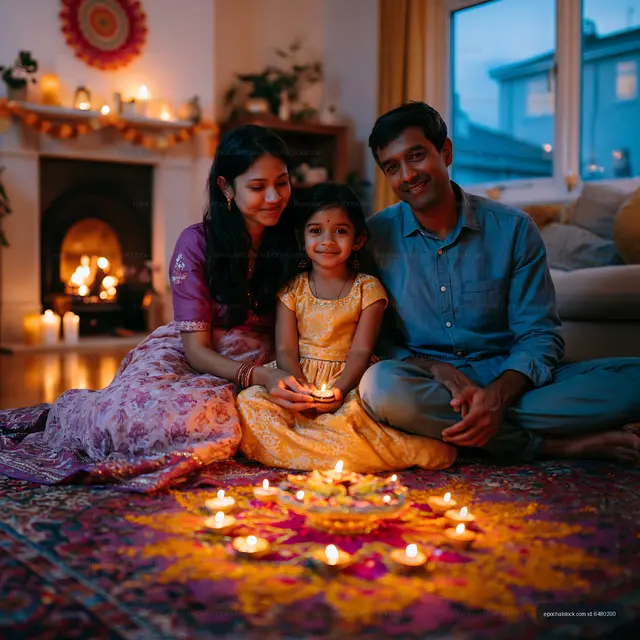 Family celebrating festival with candles in cozy living room