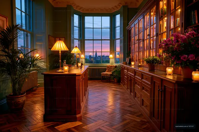 Historic room with wooden furniture and evening light