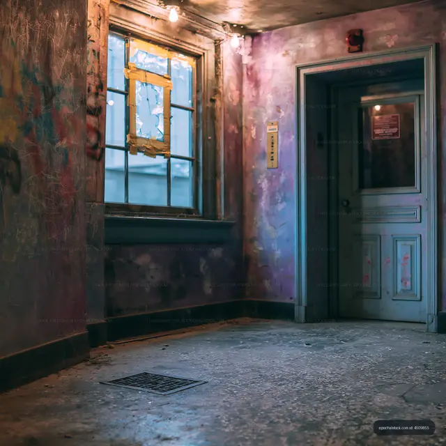 Abandoned room with colorful walls and window in poor condition