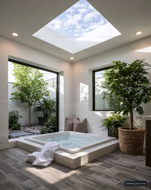 Modern indoor spa with plants and skylight