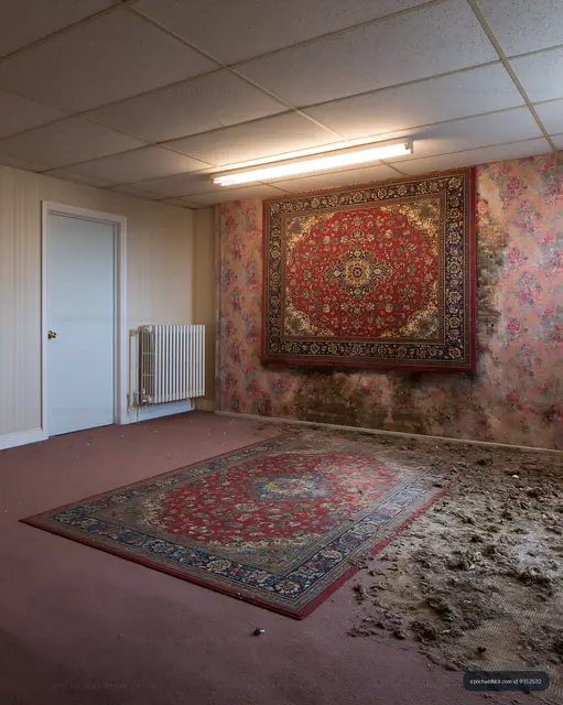 Old, damaged room with carpet and patterned wall decoration