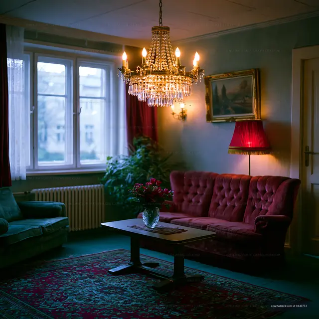 Cozy living room with chandelier and vintage furniture