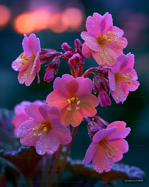 Close-up of pink flowers with droplets at sunset