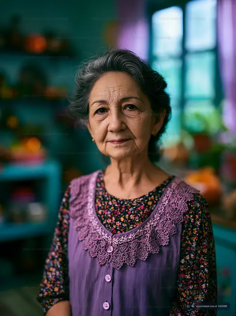 Portrait of an elderly woman in a colorful indoor setting