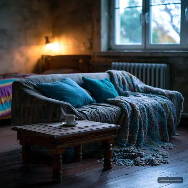 Cozy living space with sofa and coffee cup on wooden table