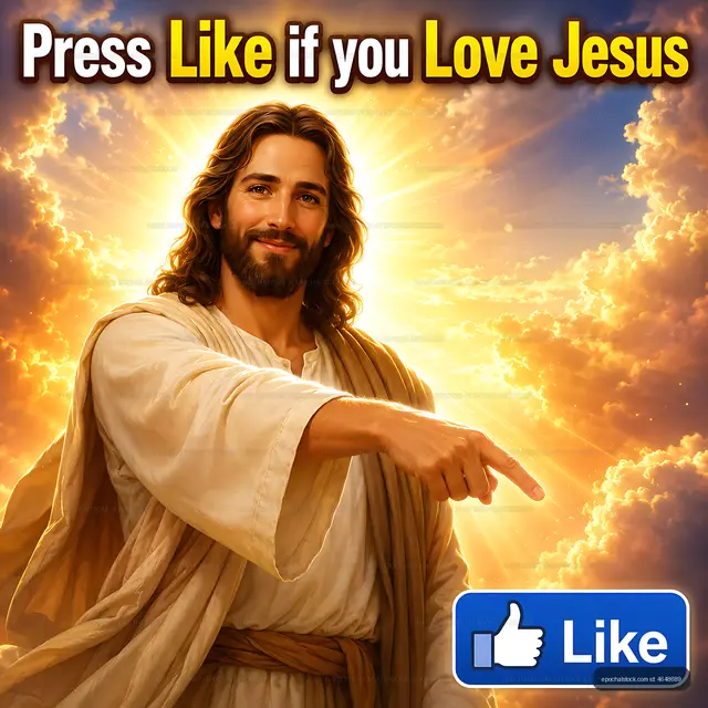Jesus with a pointing gesture in a cloud-filled setting