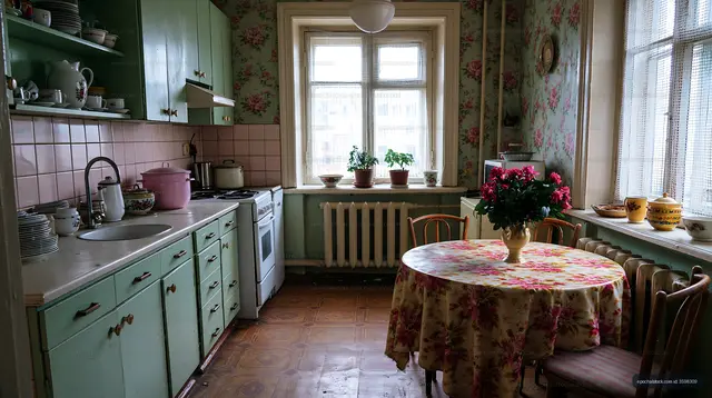 Vintage kitchen with floral wallpaper and wooden table