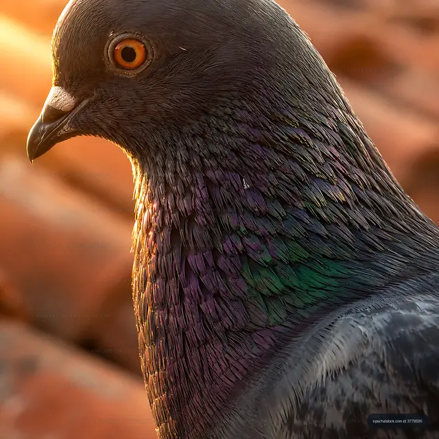 Close-up of a pigeon with colorful feathers on a rooftop