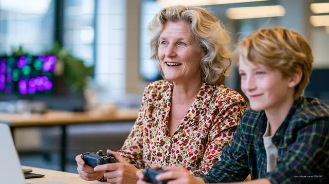 Grandmother and grandson playing video games indoors