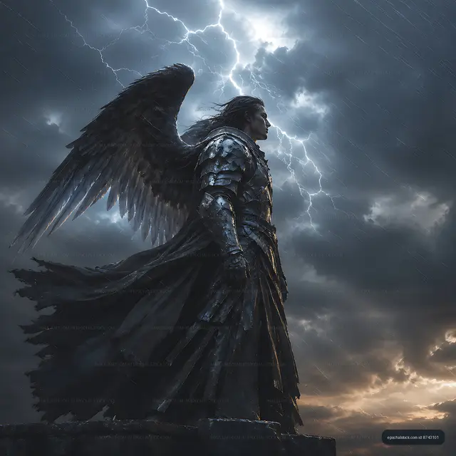 Dark angel standing in rain under stormy sky