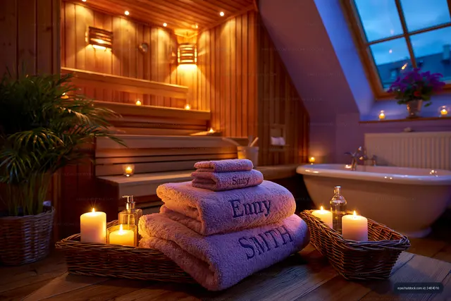 Cozy spa setting with candles, towels, and wooden decor