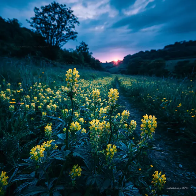 Sunset over a field of yellow flowers in a hilly landscape