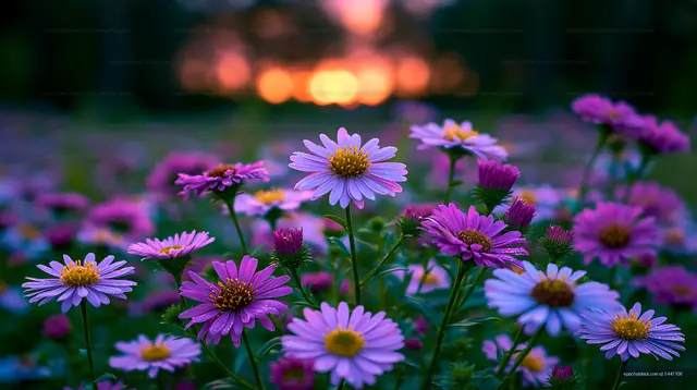 Colorful flowers in a field during sunset