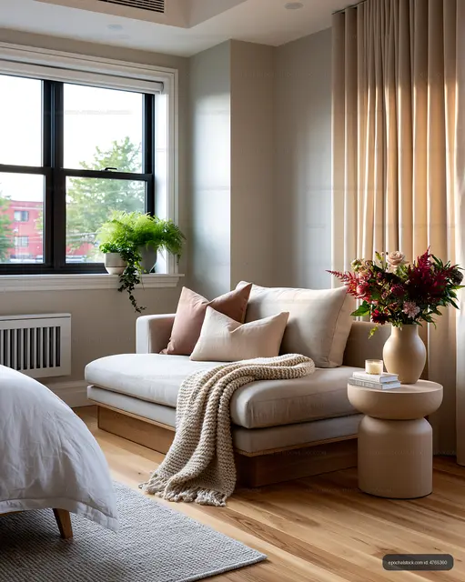 Cozy living area with natural light and indoor plants