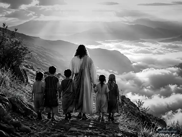 Children walk with a figure in a mountainous landscape at sunset