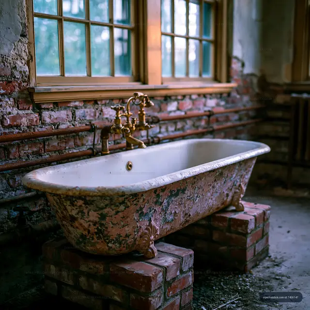 Old bathtub in a rustic room with peeling walls and sunlight