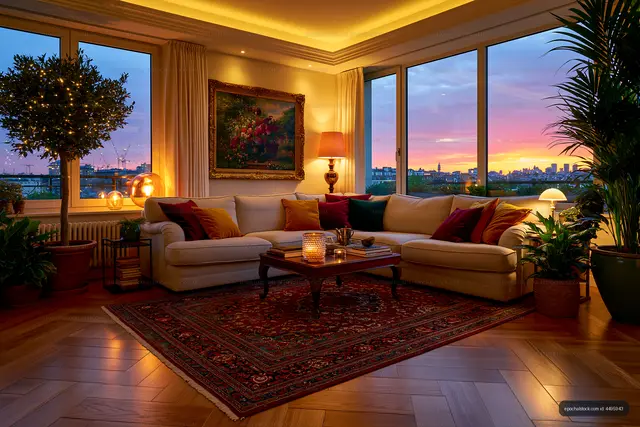 Cozy living room with sunset view and indoor plants