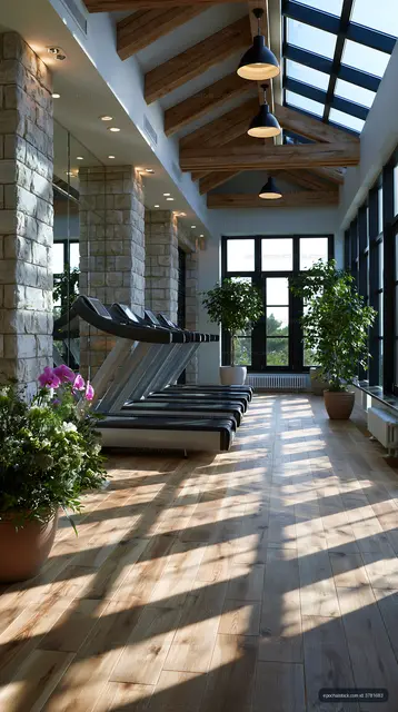Relaxing interior of a fitness area with large windows and plants