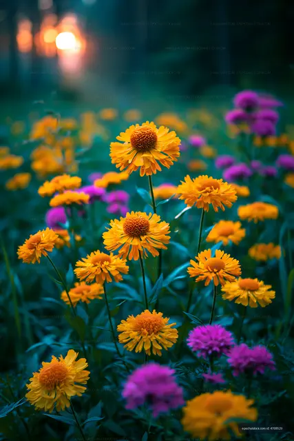 Colorful flowers in a field during sunset