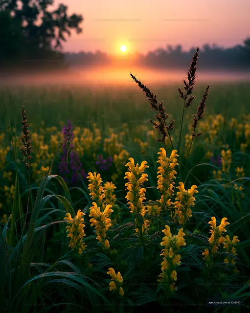 Sunrise in a meadow with yellow flowers and fog