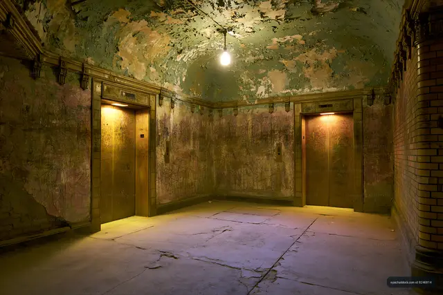 Old elevator lobby with worn walls and dim lighting