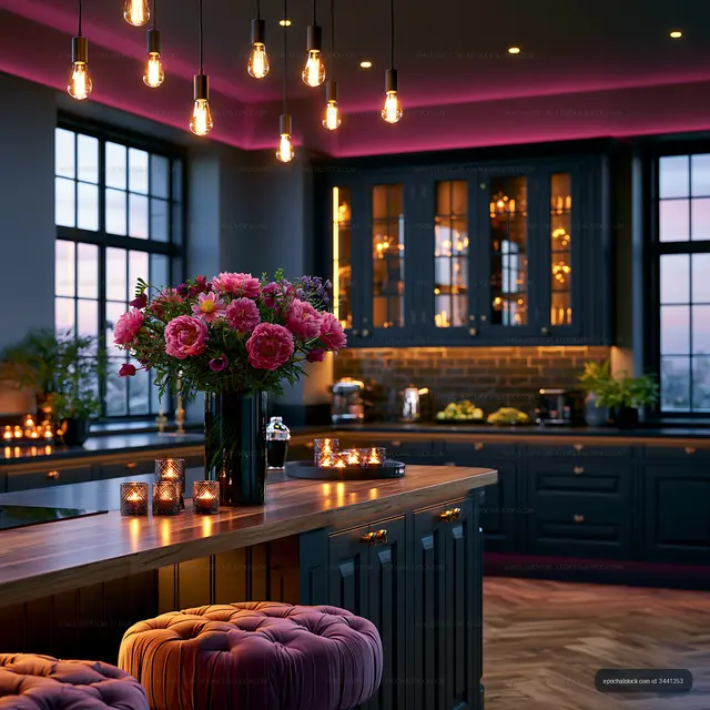 Modern kitchen with flowers and warm lighting at dusk