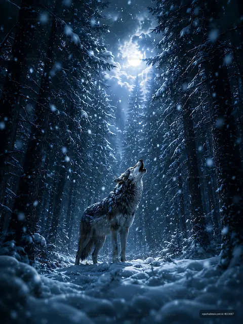Wolf howls at the moon in a snowy forest at night