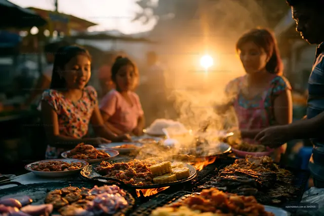 Evening market scene with people cooking and selling food