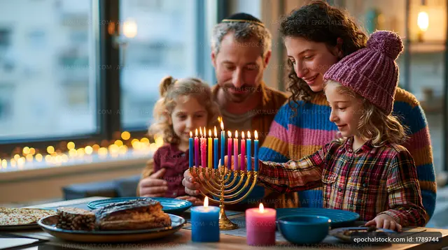 Family celebrates Hanukkah with menorah and traditional food