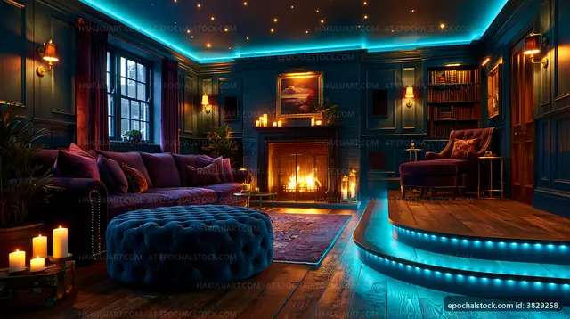Cozy living room with blue lighting and a fireplace