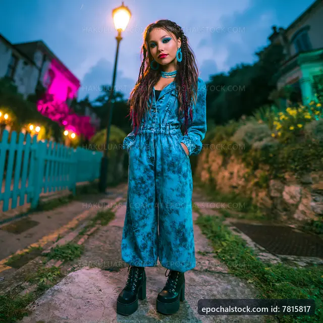 Young woman with dreadlocks standing on a city street at dusk