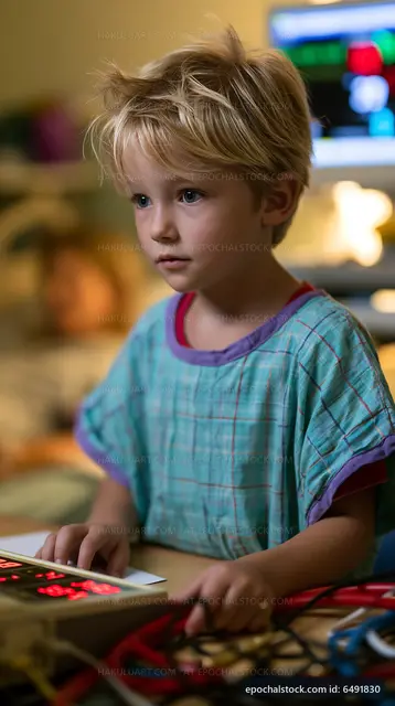 Child using computer at home in a cozy and bright room