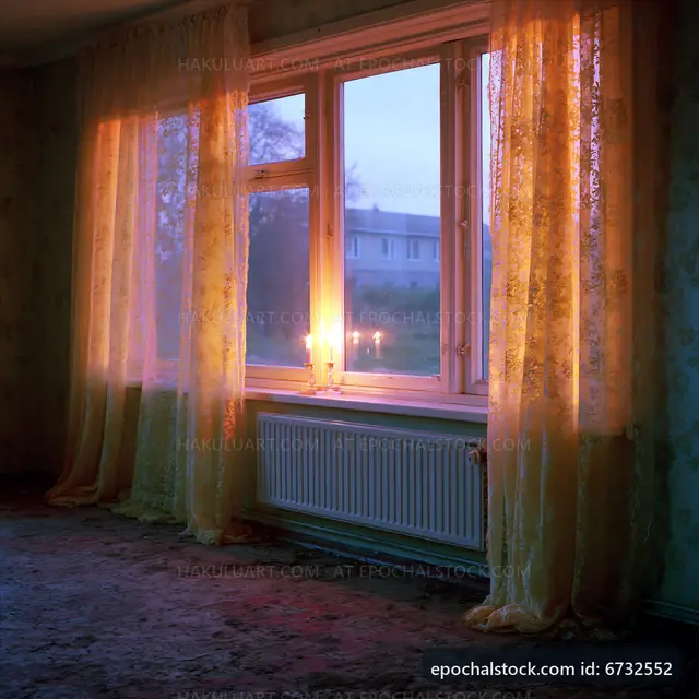 Warm light from candles shines through curtains in empty room