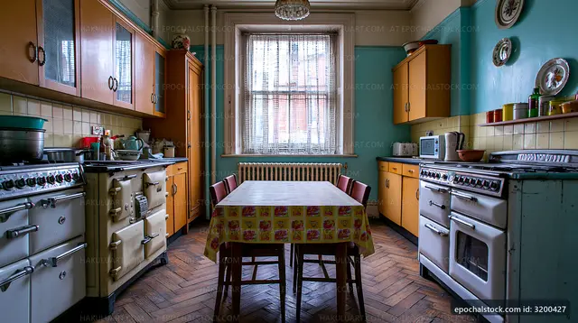 Vintage kitchen with wooden cabinets and table in a cozy setting